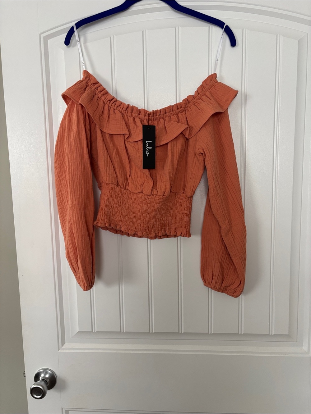 Lulu's Rust Orange Off-Shoulder Smocked Crop Top